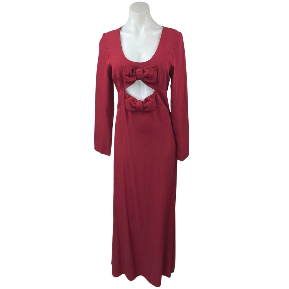 Staud Lido Womens Red Double Bow Cut Out Long Sleeve Maxi A-Line Gown Dress Sz 8 - Picture 6 of 11